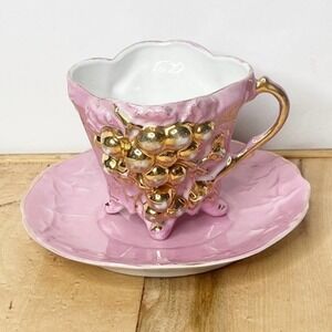 Pink & Gold Lusterware Set of 5 Teacup & Saucer Victorian Luster Raised Grapes‎